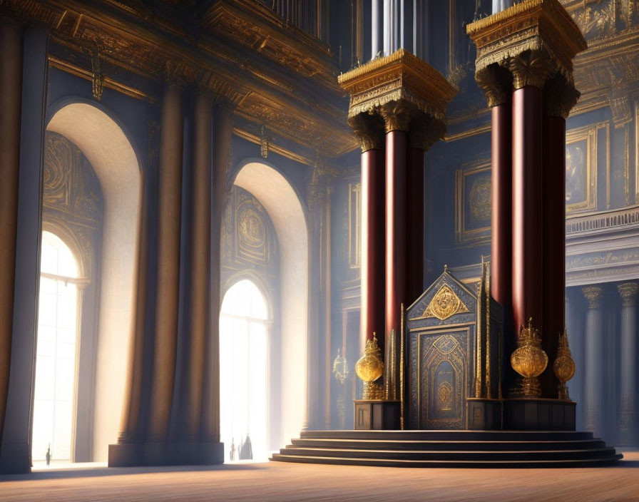 Opulent classical interior with red columns, golden throne, and sunlight.