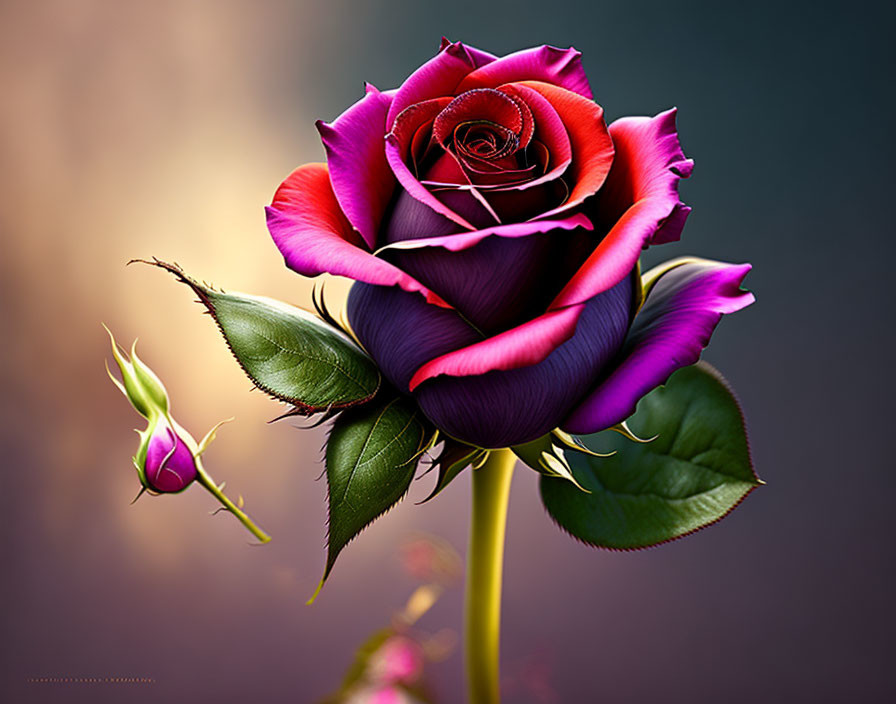 Vibrant purple to red rose with young bud on soft-focus background