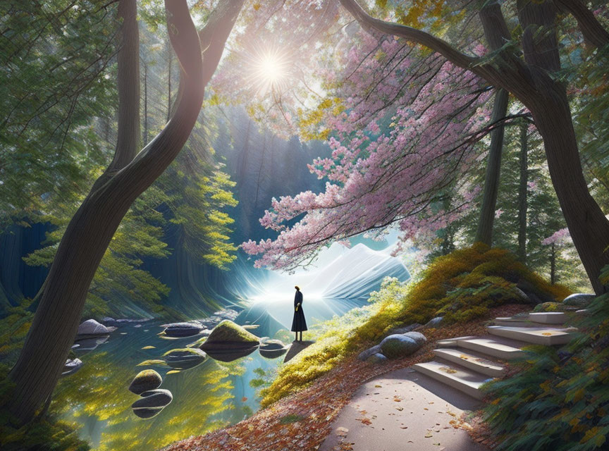 Tranquil forest landscape with figure, pink blossoming tree, stone steps, and calm river