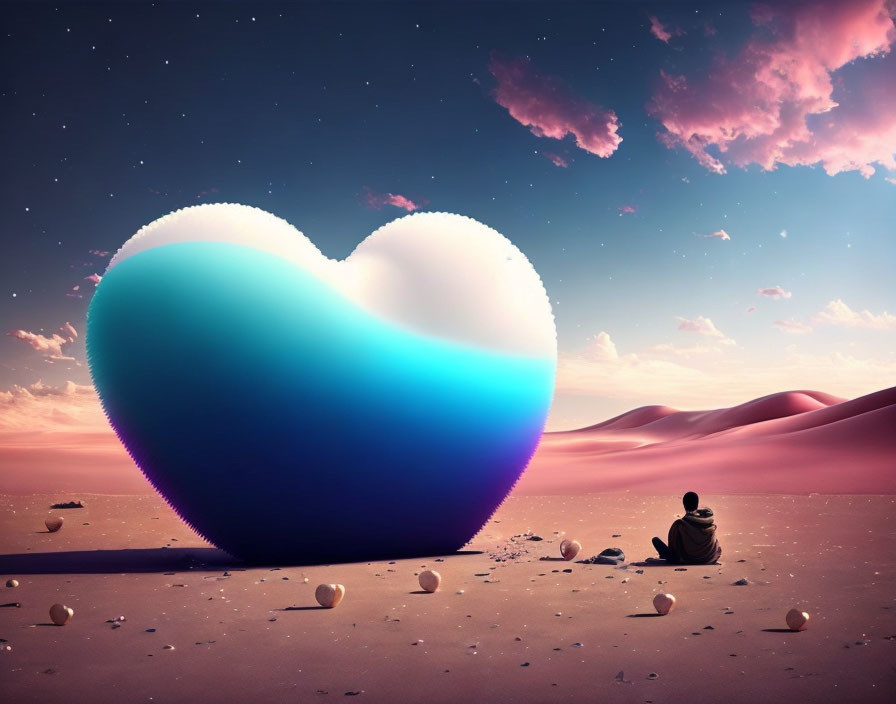 Person admires glowing heart under pink sky in serene desert dusk