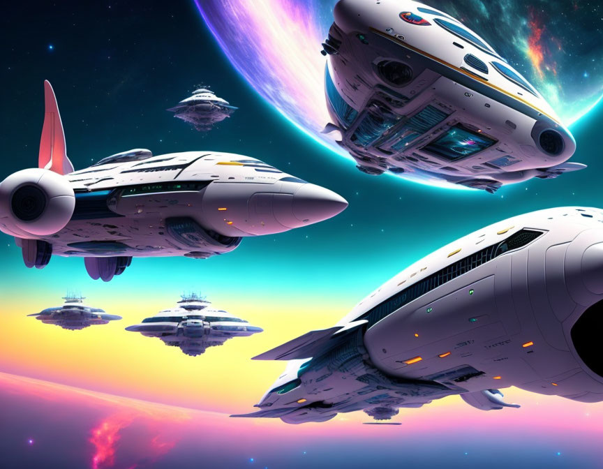 Colorful Sci-Fi Illustration: Futuristic Spaceships in Nebula