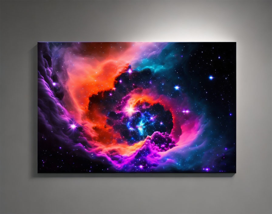 Colorful cosmic nebula canvas print with swirling pink, orange, purple, and blue hues, illuminated