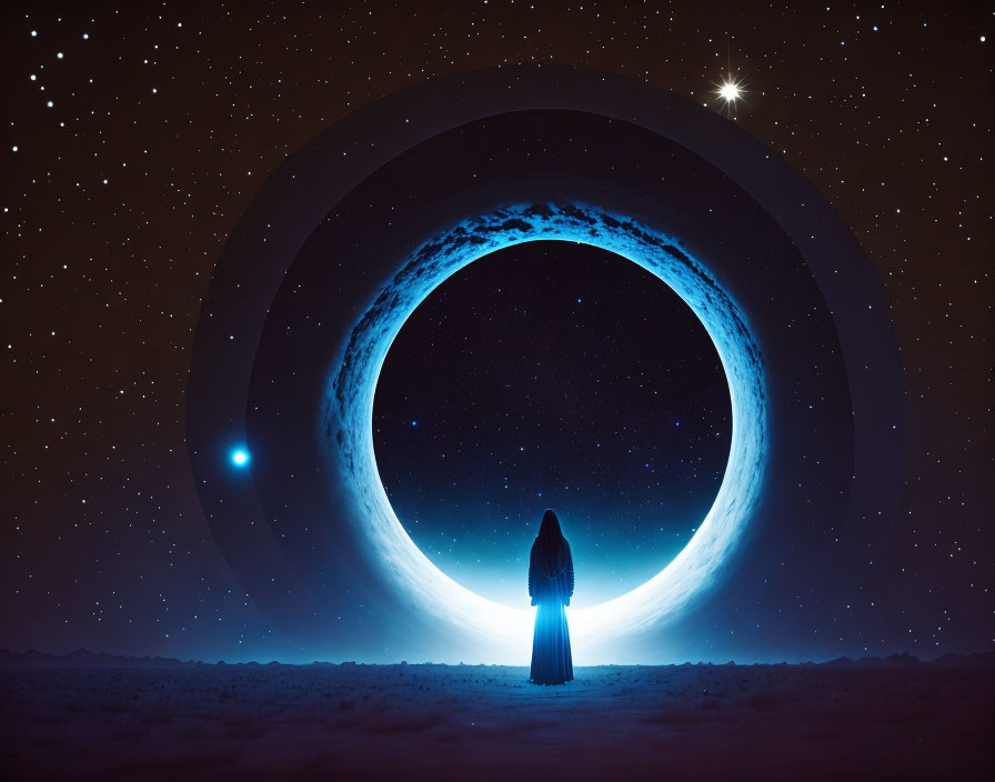 Solitary figure under glowing celestial ring in starry sky