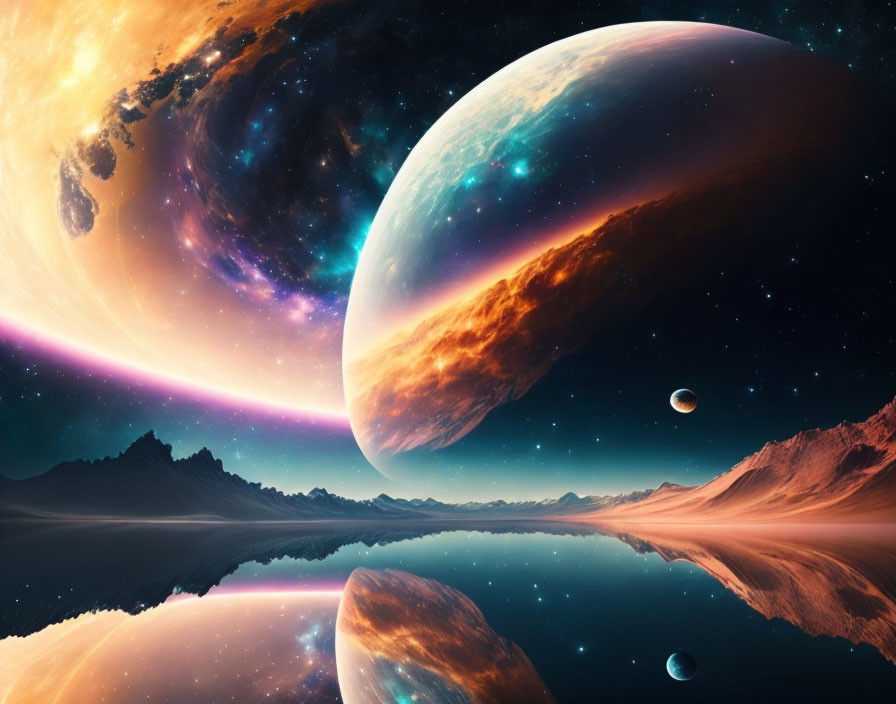 Surreal cosmic landscape with serene lake and multiple planets