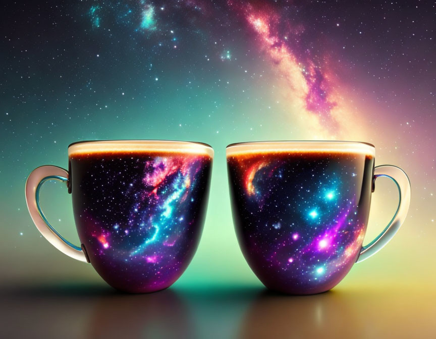 Cosmic galaxy design cups on starry background