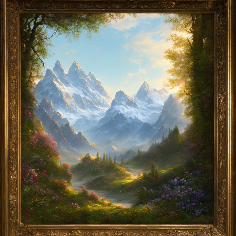 Snowy mountains, flowing river, lush greenery, colorful flowers in ornate golden frame