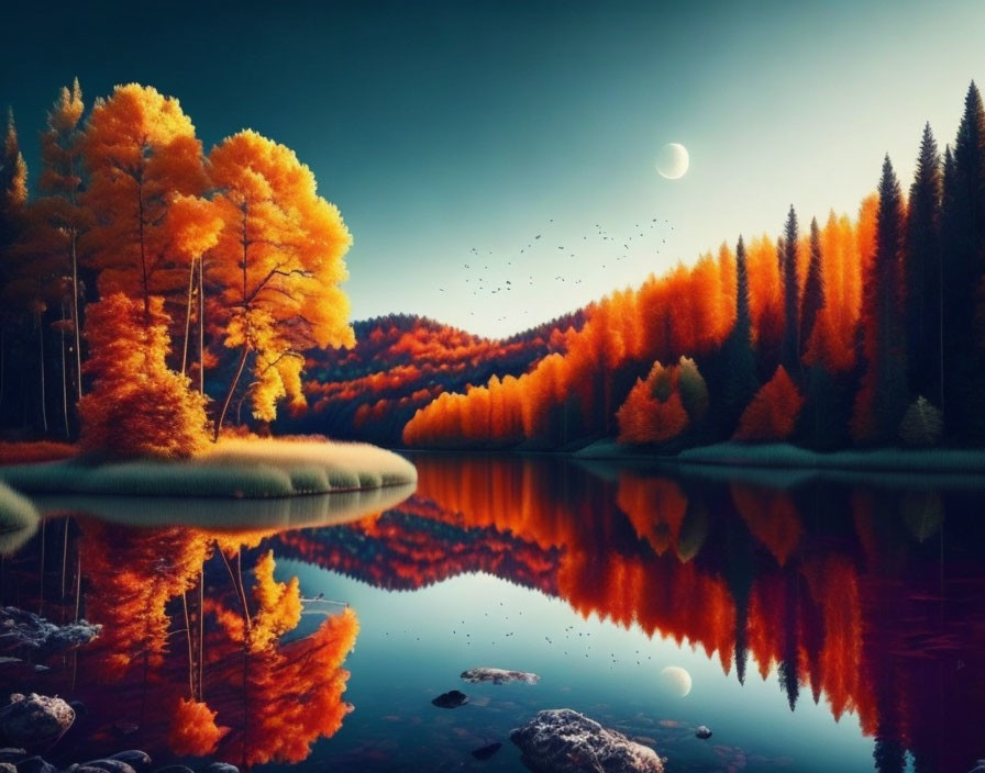 Tranquil autumn landscape with golden trees, calm lake, birds, twilight sky, crescent moon