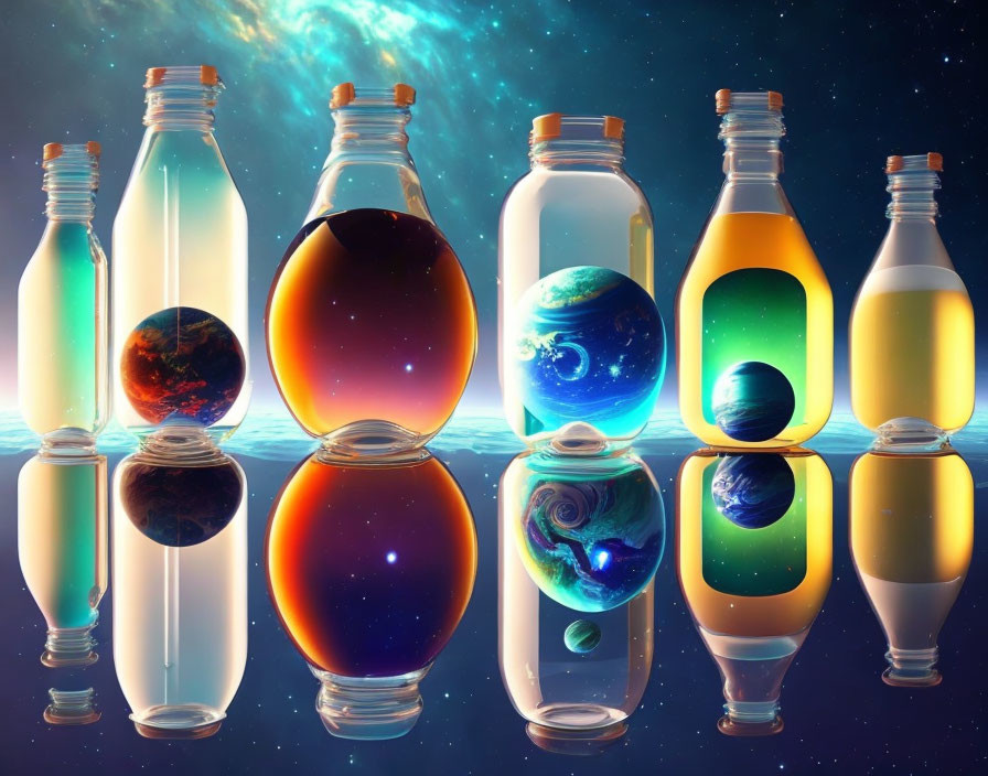 Celestial body design bottles in cosmic backdrop