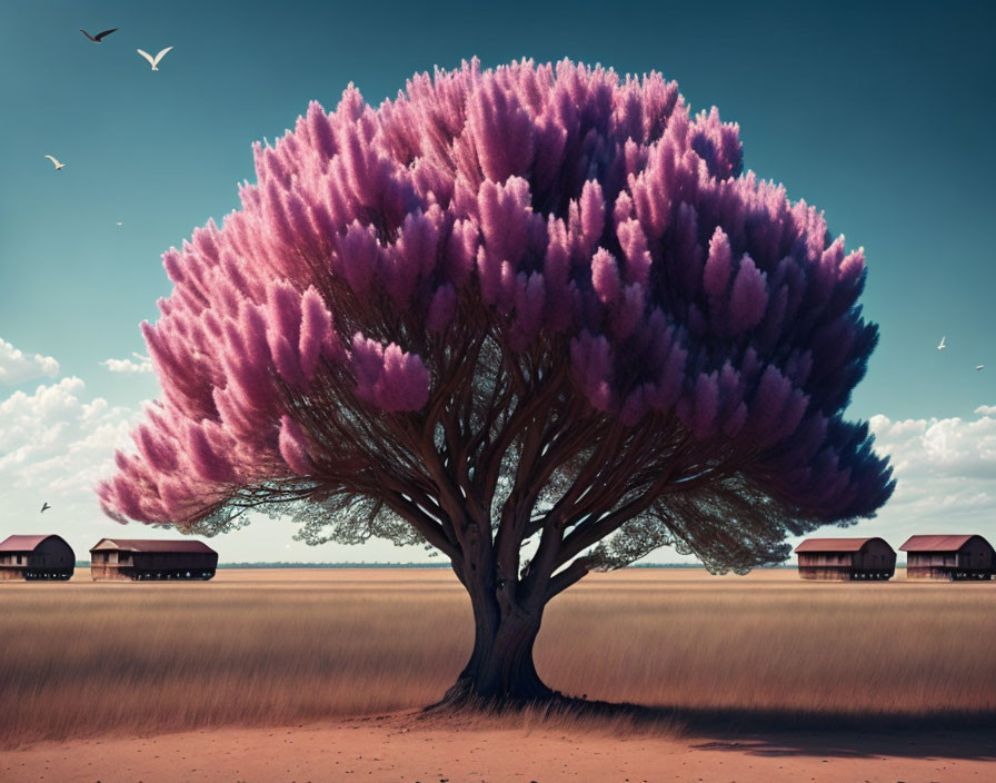 Vibrant pink foliage tree in savannah landscape with huts and flying birds