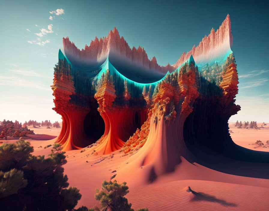 Surreal landscape with wave-like rock formations and forested peaks on orange sand dunes