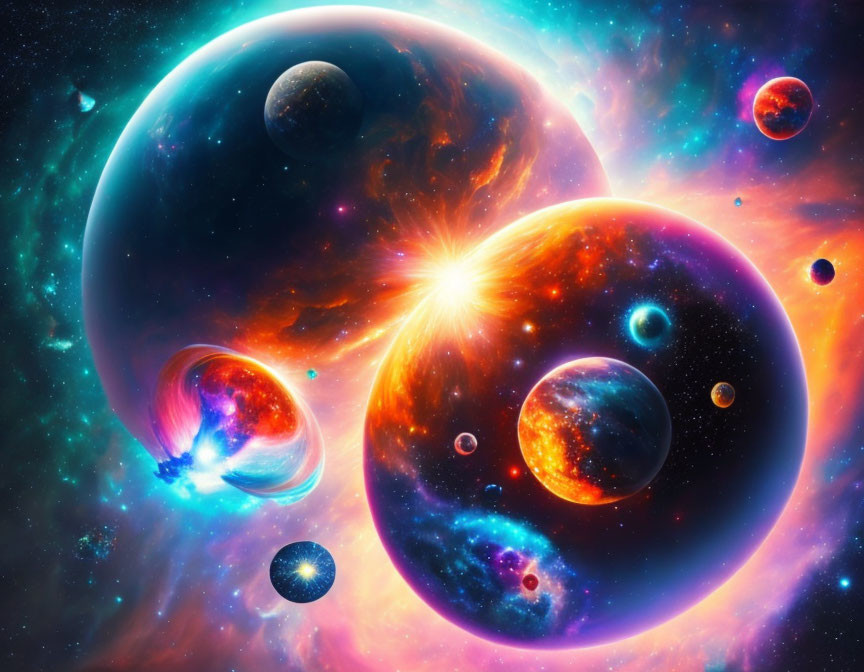 Colorful Planets, Stars, and Nebula in Cosmic Scene