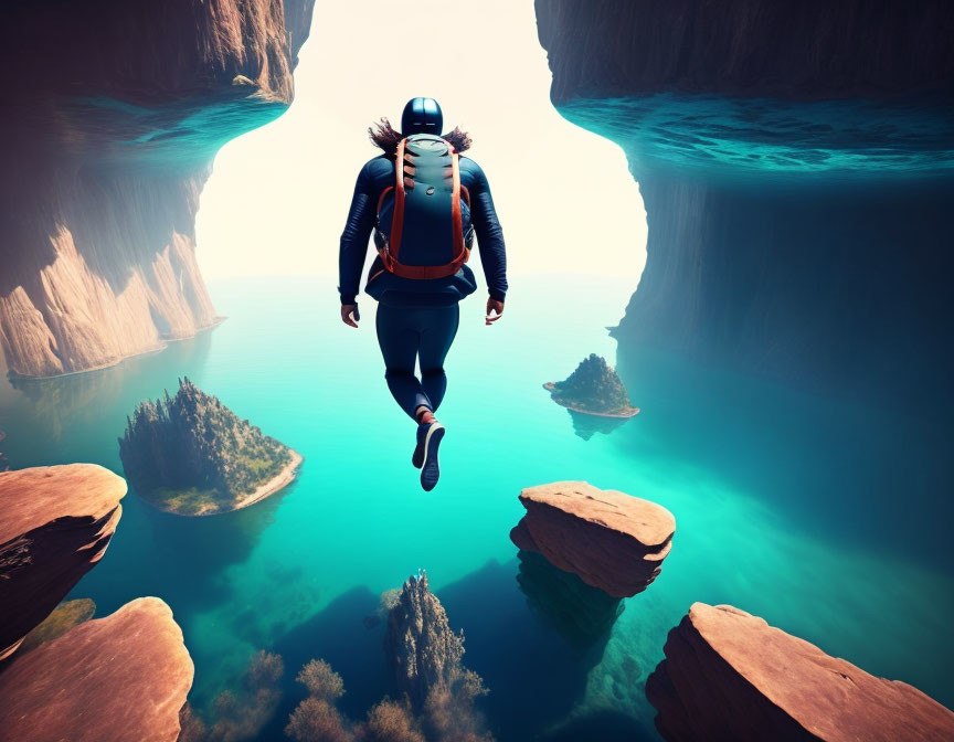 Backpacker base jumps into canyon with river and rock formations