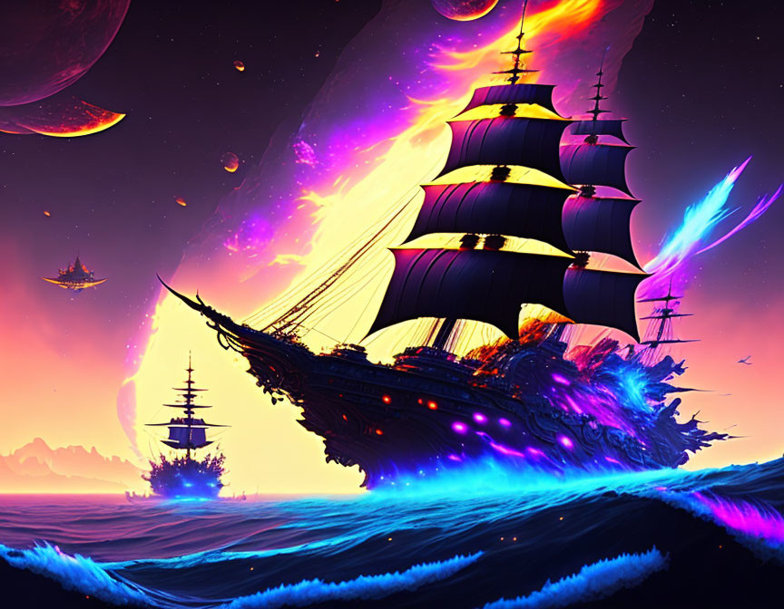 Digital artwork: Ships sailing on glowing waves in a cosmic seascape