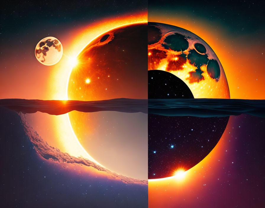 Composite Image: Planet Surface Contrasting Sunrise/Sunset Views with Water and Fiery Sky