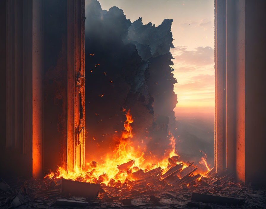 Fiery Scene Through Damaged Building Window