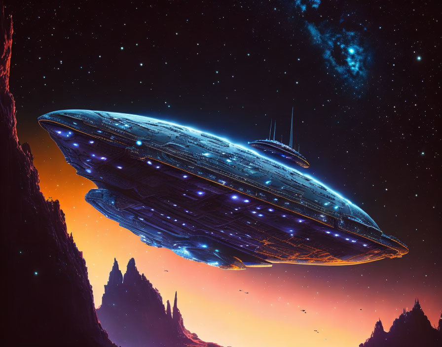 Detailed Spaceship Over Fiery Alien Landscape