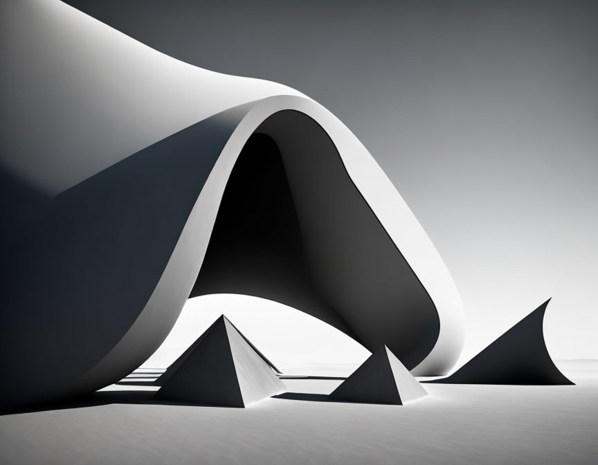 Monochrome abstract art: Smooth flowing architecture with sharp pyramids under soft light