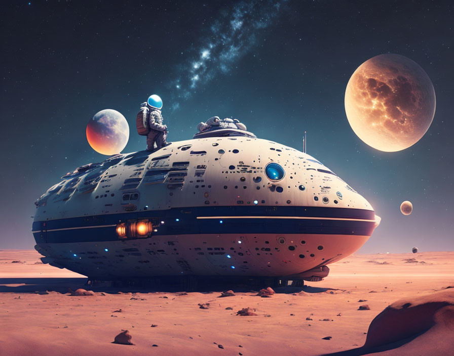 Astronaut on spherical spaceship in desert alien planet with moons and stars