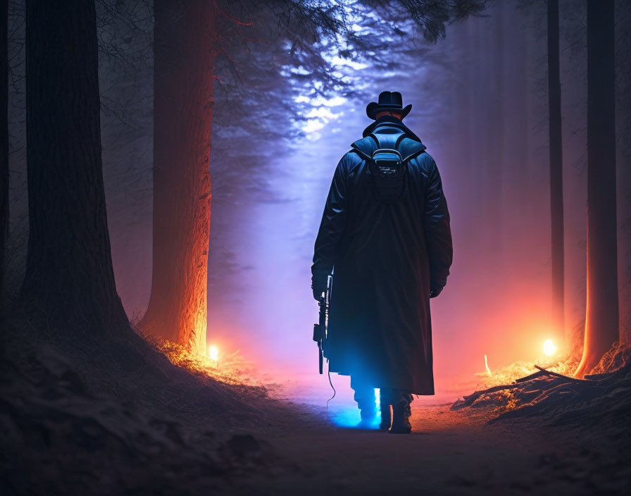 Mysterious Figure with Futuristic Weapon in Foggy Forest