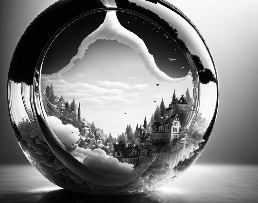 Monochrome landscape scene in transparent sphere with mountains, trees, buildings, clouds, and birds