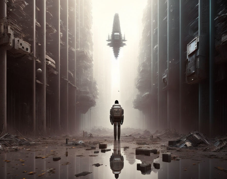 Lonely figure in futuristic cityscape with towering structures and hazy sky.