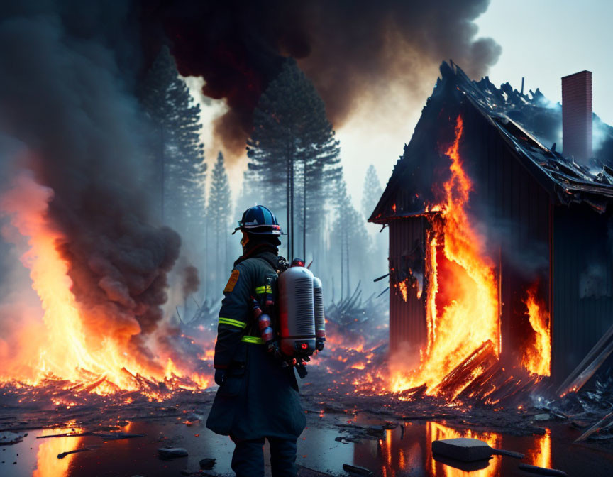 Firefighter with tank battles house fire in smoky scene