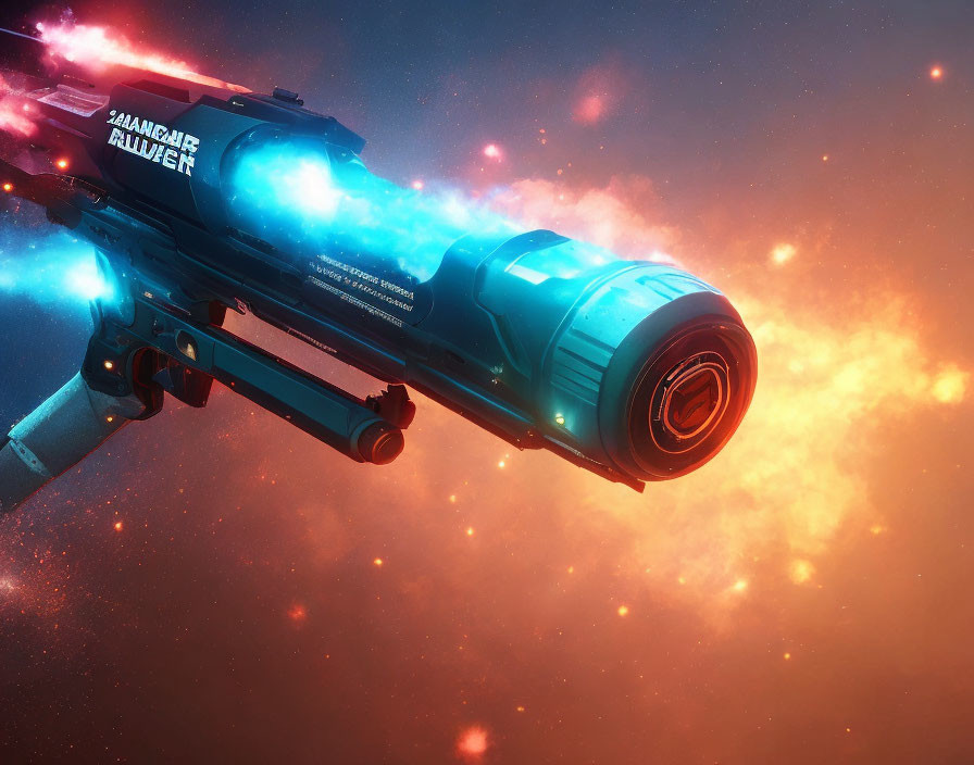 Detailed Blue and Teal Energy Weapon Against Cosmic Background