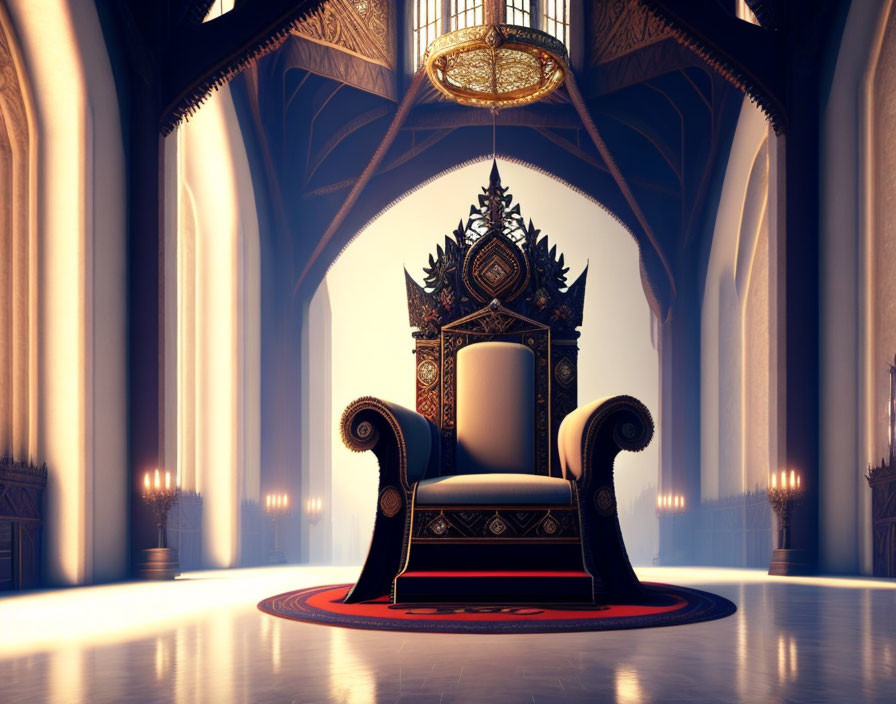 Opulent throne in grand hall with pillars and chandelier