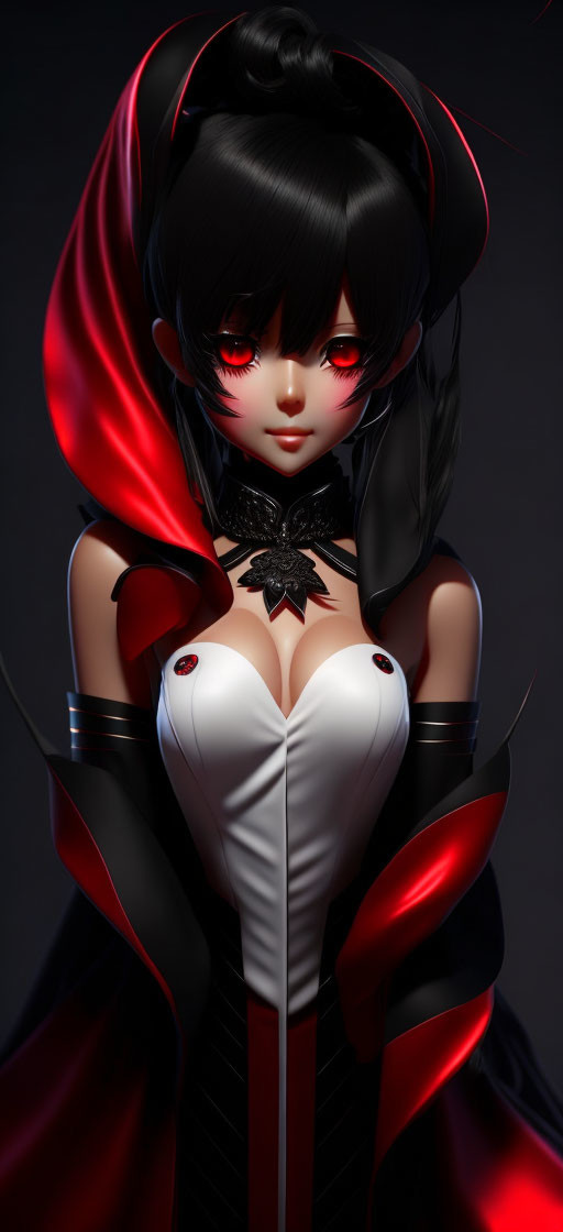 Female Anime Character with Red Eyes in White and Black Outfit