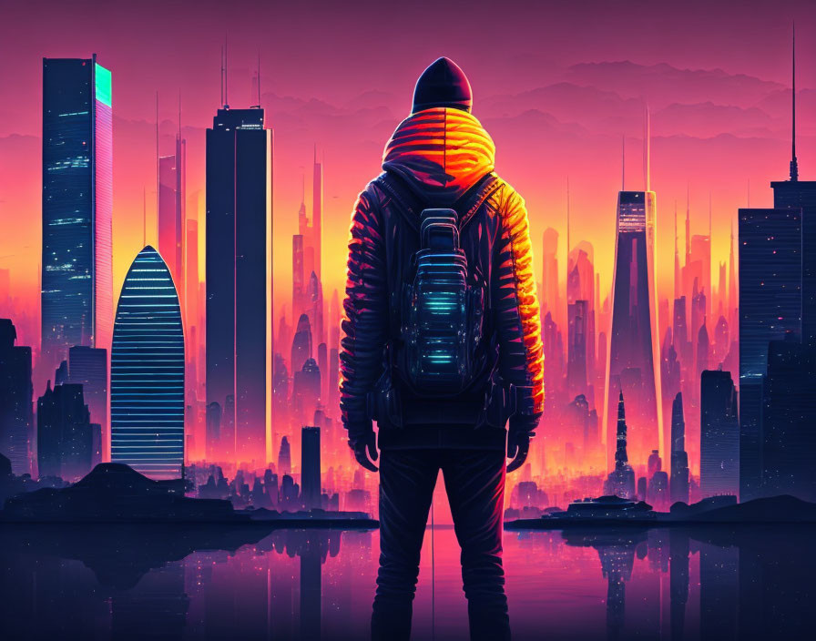 Hooded figure against futuristic city skyline at sunset