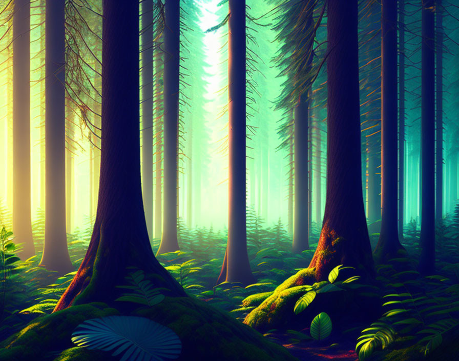 Lush forest scene with tall trees, sunlight, mist, and green undergrowth