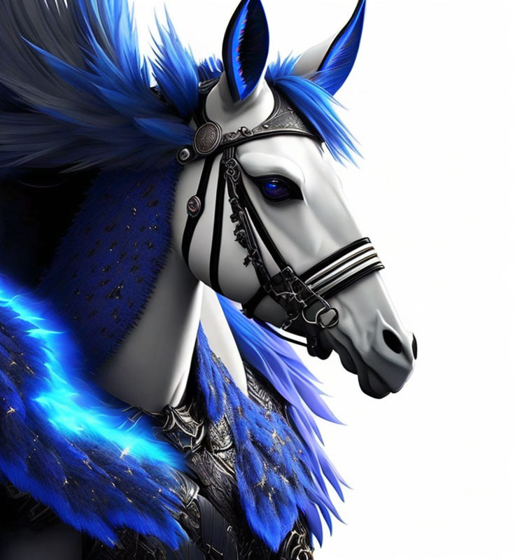 Fantasy horse digital artwork with metallic armor and blue feathers