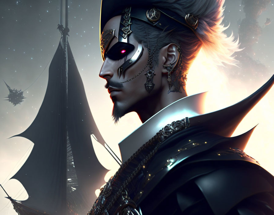 Regal figure in futuristic attire with eye patch and sky ships