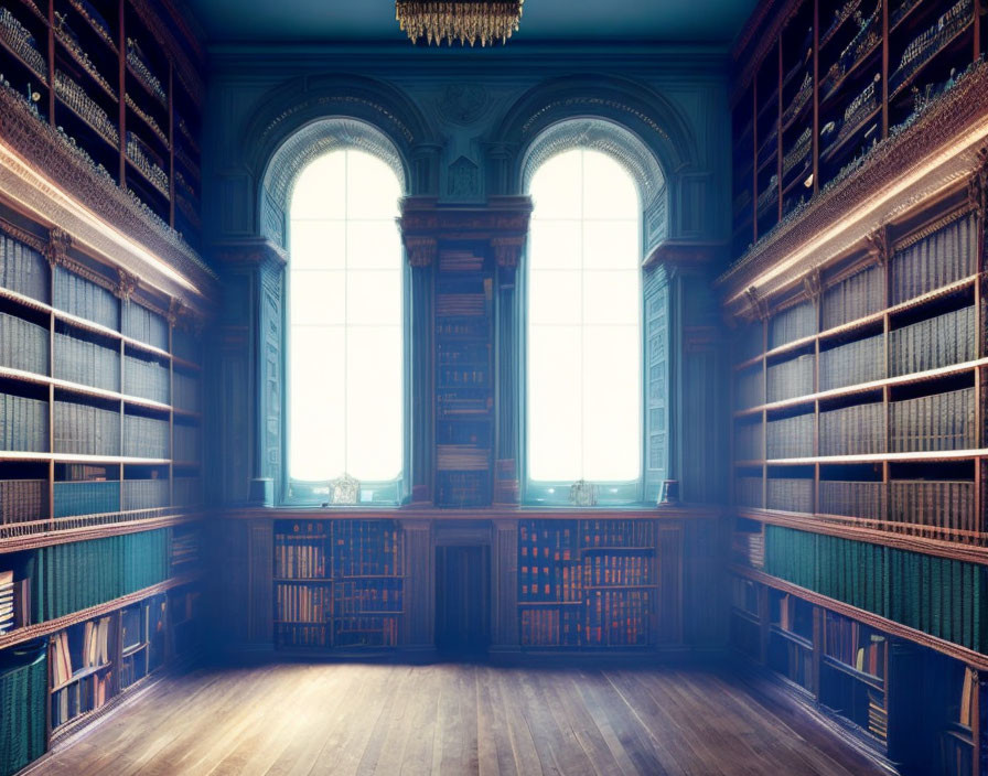 Classic Library with Wooden Bookshelves and Large Windows