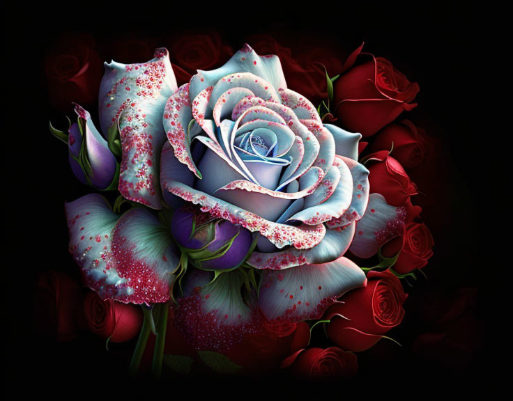 Digitally-enhanced bouquet with central white rose and red speckles on dark background