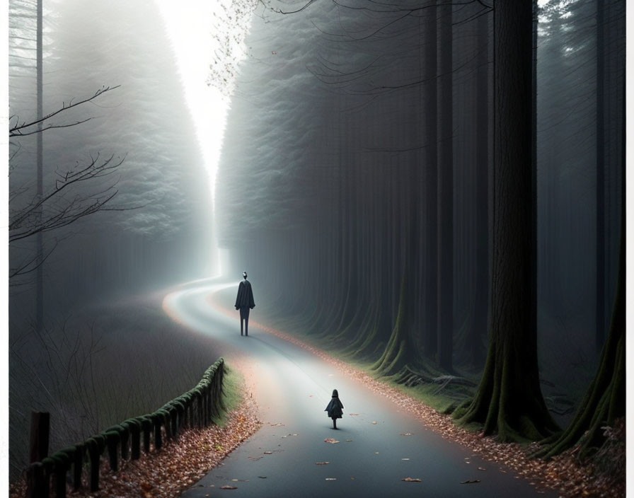 Figure on Curving Road Among Misty Trees with Sunlight Rays