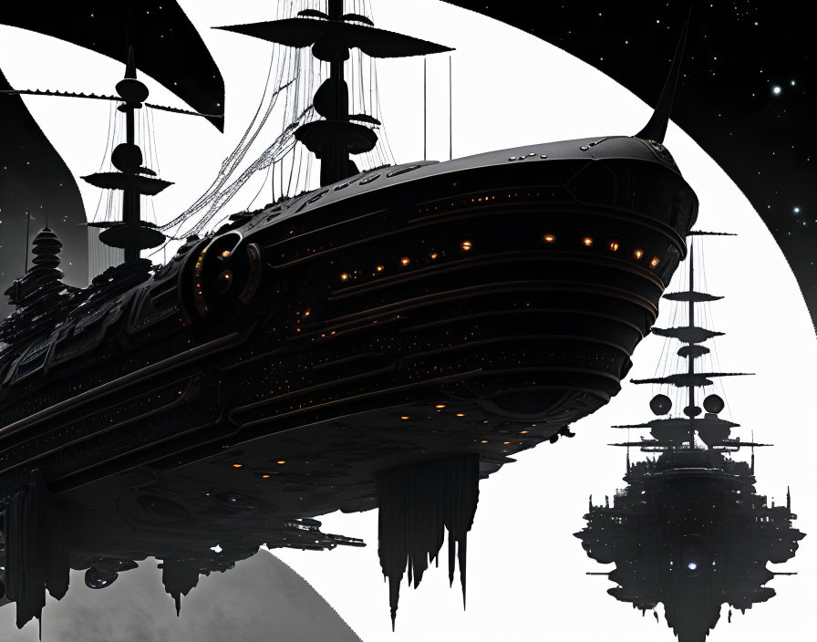 Airships with tall masts and multiple sails under starry night sky