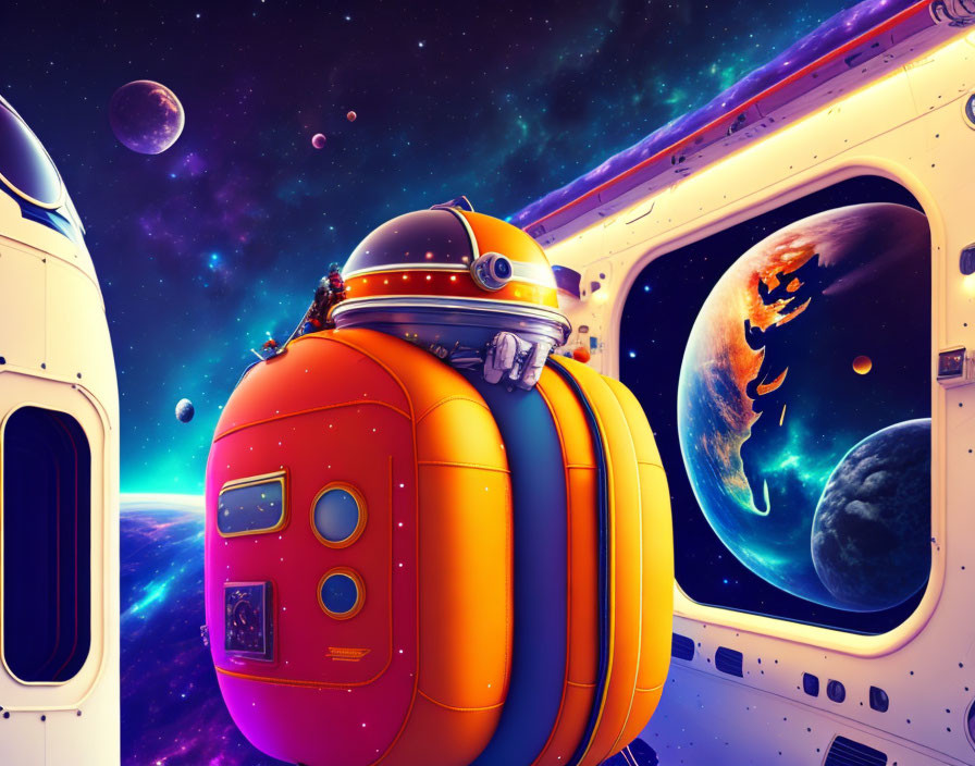 Colorful robot with backpack gazes at planets from spaceship.