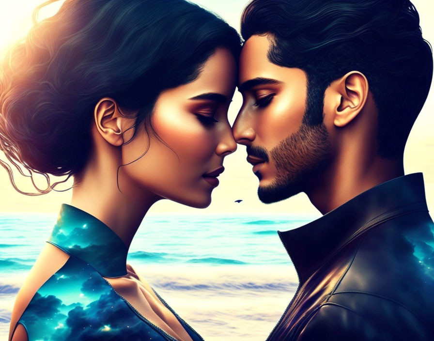 Romantic couple in leather jacket and blue dress by beach at sunset