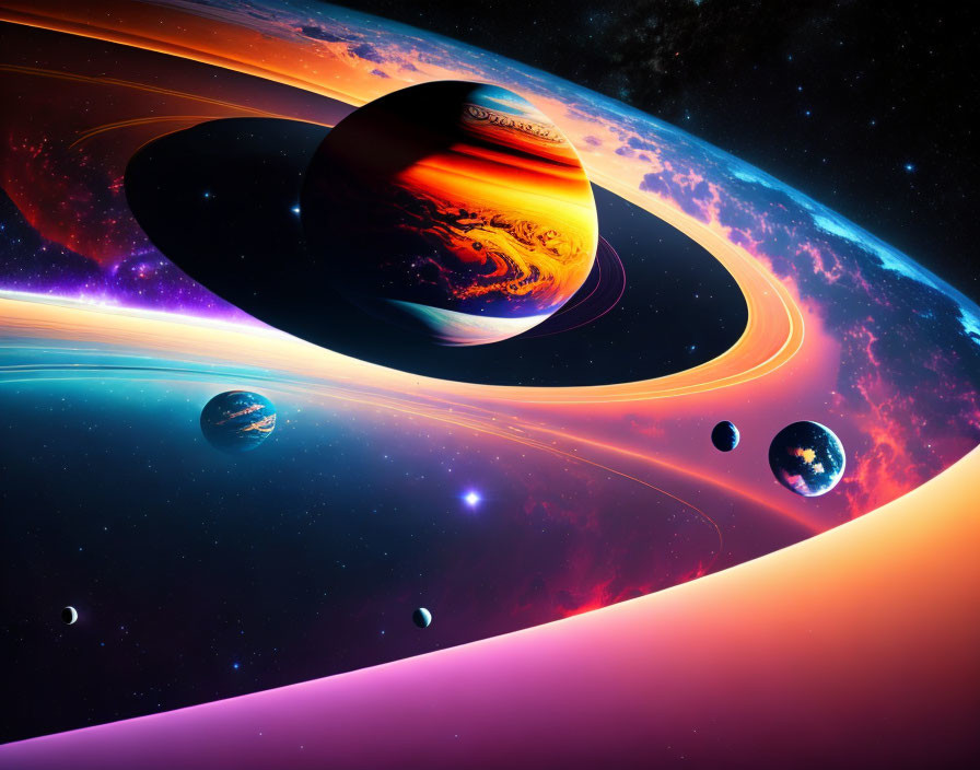 Colorful Cosmic Scene with Jupiter-like Planet & Celestial Bodies