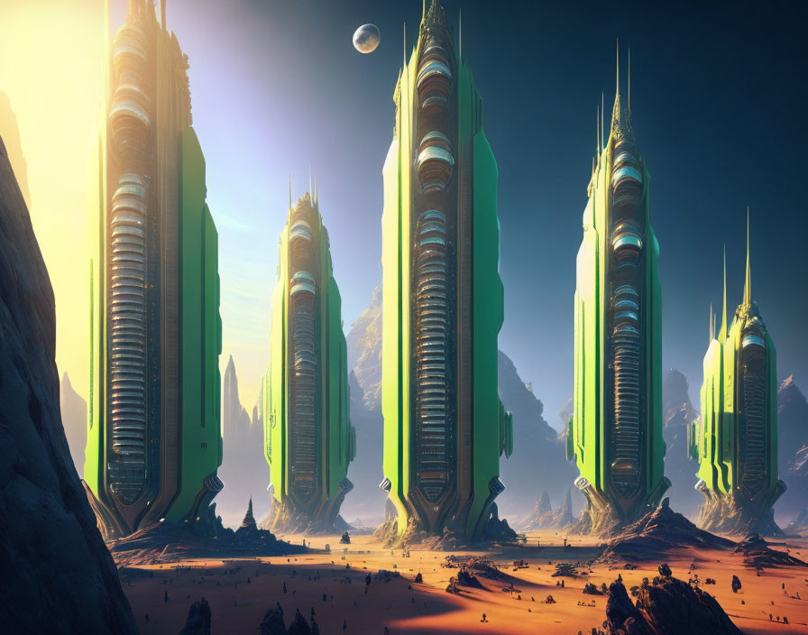 Futuristic cityscape with towering skyscrapers under starry desert sky