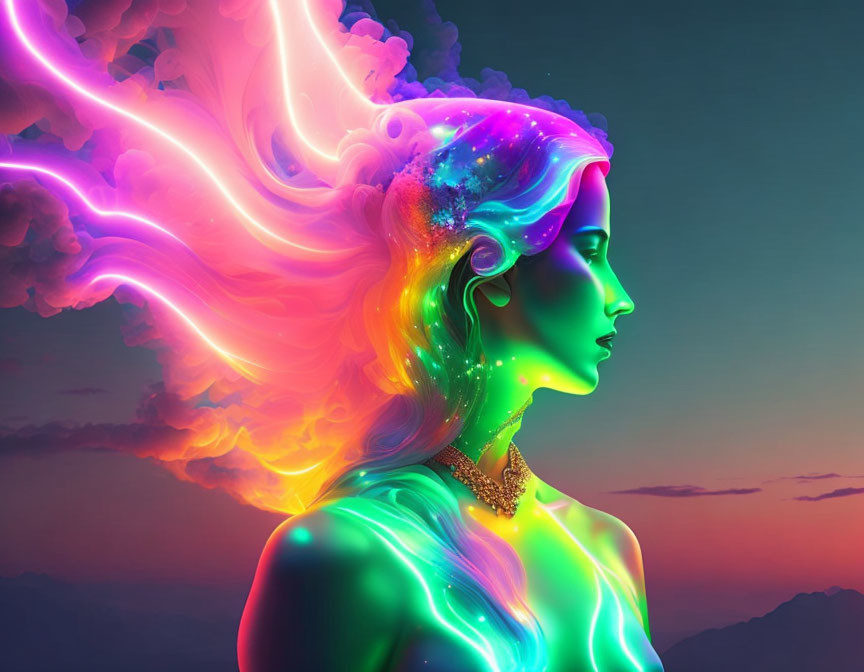 Colorful Digital Artwork: Woman Profile with Neon Glowing Colors & Cosmic Effects