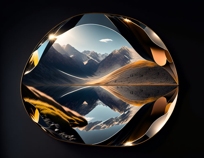 Symmetrical abstract mountain landscape in distorted sphere with gold accents