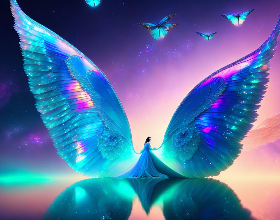 Person surrounded by iridescent butterfly wings in twilight sky