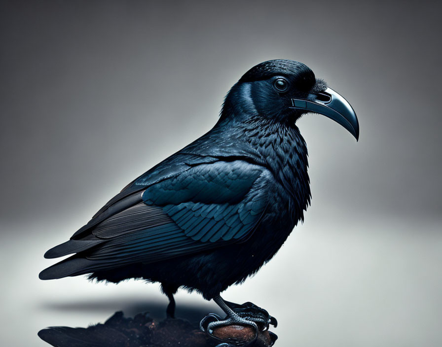 Black Raven with Iridescent Feathers on Muted Background