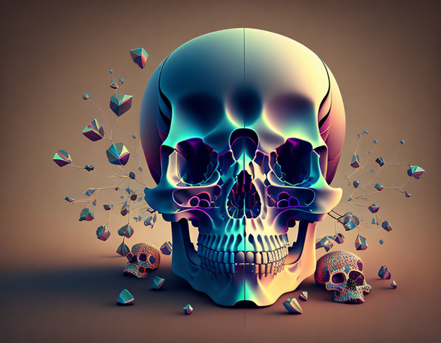 Colorful split skull surrounded by smaller skulls and shapes.