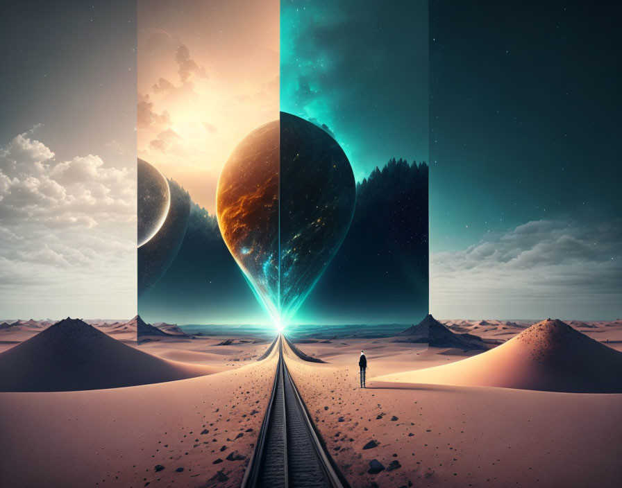 Surreal desert landscape with railway track and cosmic backgrounds