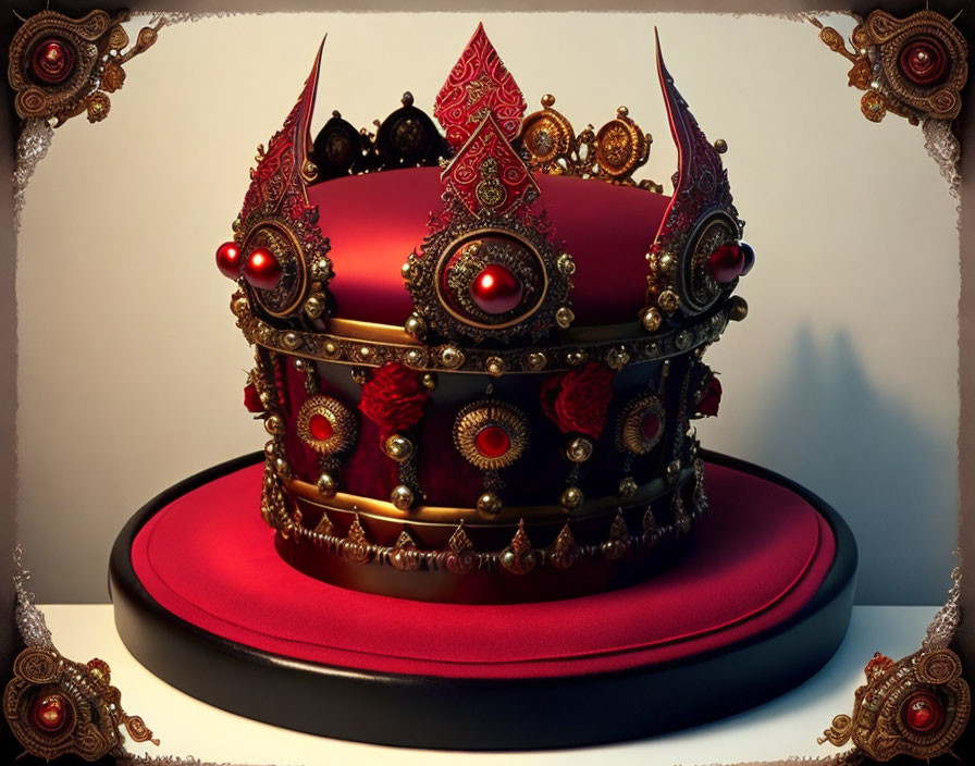 Luxurious Crown with Red Velvet, Gold Accents, and Gemstones on Display Stand