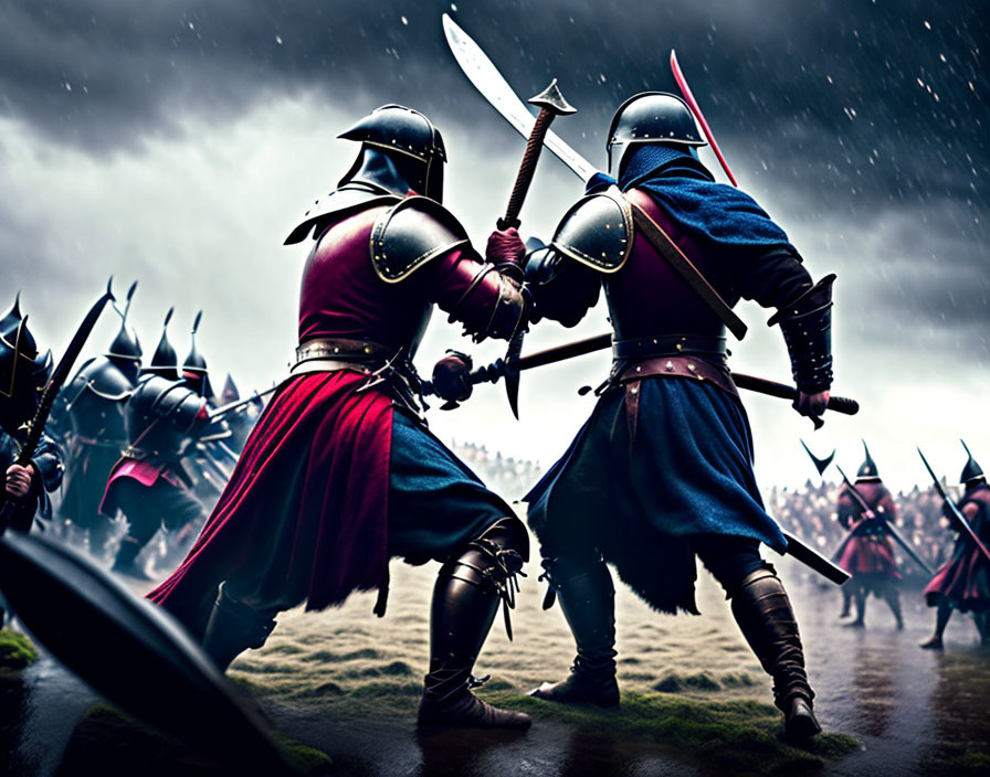 Medieval knights in armor clash swords on rainy battlefield