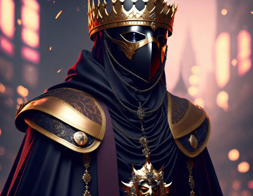 Regal Figure in Black and Gold Mask with Crown and Armor